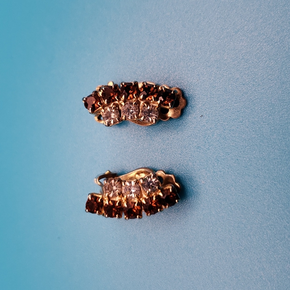 Vintage Clip Earrings, brown and clear